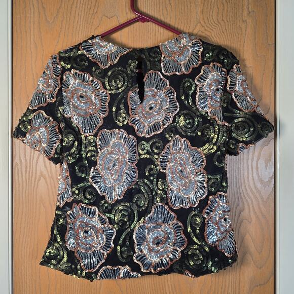 Endless Rose Black Sequin Floral Party Top Small - Picture 7 of 13